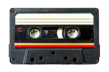 Retro audio cassette tape in black plastic case with red and gold stripes design