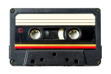 Retro audio cassette tape in black plastic case with red and gold stripes design