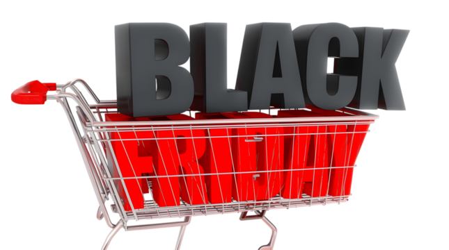 Black friday text inside a shopping cart isolated on transparent background