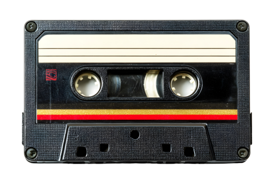 Retro audio cassette tape in black plastic case with red and gold stripes design