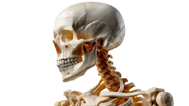 Skeleton Anatomy: Detailed study of a human skull, jaw, neck and spine, highlighting the intricate structure and architecture of the human skeletal system.
