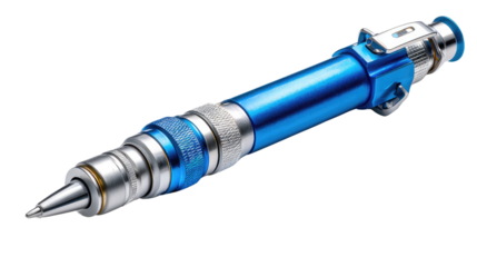 Precision Craftsmanship: An up-close shot of a sophisticated mechanical pen, showcasing intricate design and meticulous engineering. The pen, a fusion of blue and silver.