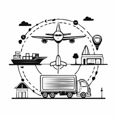 Logistics and supply chain process with warehouse ship truck airplane Keywords: logistics, supply chain