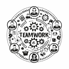 Teamwork and collaboration icons with ideas, planning, and gears symbols Keywords: teamwork, collaboration
