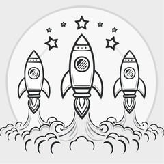Three line art icons for startup, business growth, and idea generation concepts rocket launch