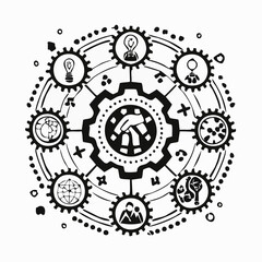 Teamwork and collaboration icons with ideas, planning, and gears symbols Keywords: teamwork, collaboration