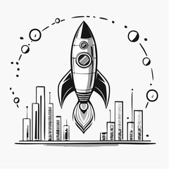 Rocket ship and financial growth bar chart icons on white background Keywords: rocket, spaceship, launch