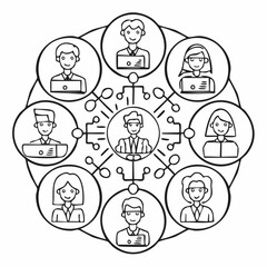 Nine line art icons representing teamwork, collaboration, and remote work hybrid work coworking