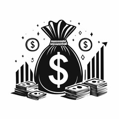 Money bag and dollar sign icons with financial growth charts on white background Keywords: money, bag