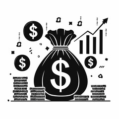 Money bag and dollar sign icons with financial growth charts on white background Keywords: money, bag