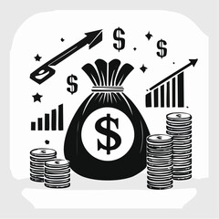 Money bag and dollar sign icons with financial growth charts on white background Keywords: money, bag