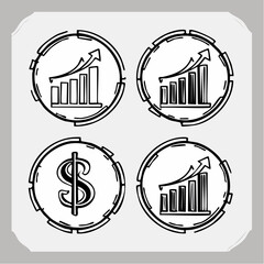 Four line art icons showing financial growth charts with upward arrows and dollar sign graph business