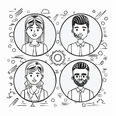 Four line art icons representing team, growth, and startup concepts people group