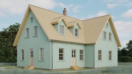 Explore this charming light green house with dormers and a tan roof in a serene outdoor setting today