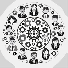 Business people icons with gears and circles representing teamwork vector illustration