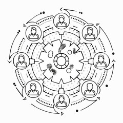 Business and team collaboration icons with gears and ideas in line art Keywords: teamwork, collaboration