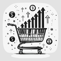 Shopping Cart with Upward Arrow Icons Representing Sales Growth and Increase Keywords: shopping, cart