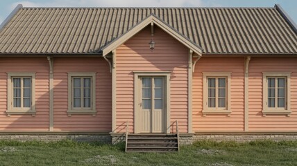 Vintage pink house exterior with roof windows and door architecture residential building design style facade 100