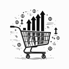 Shopping Cart with Upward Arrow Icons Representing Sales Growth and Increase Keywords: shopping, cart
