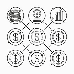 Set of nine line art icons representing money growth and investment finance dollar