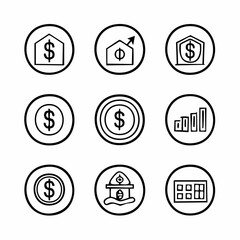 Set of nine line art icons representing money growth and investment finance dollar