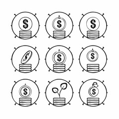 Set of nine line art icons representing money growth and investment finance dollar