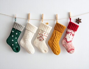 knitted christmas stockings on white background 