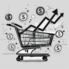 Shopping cart icons with upward trending graphs and arrows Keywords: shopping cart, trolley, grocery cart