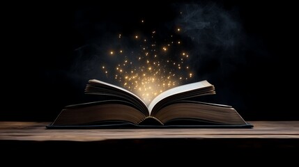 Open book releasing magical sparks in a dark setting
