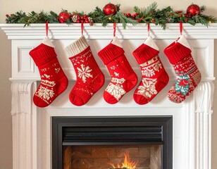 row of knitted stockings over the fireplace 