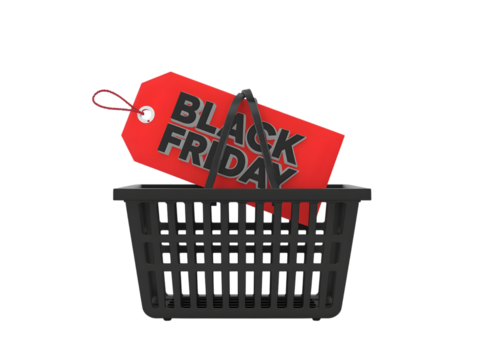 Black friday shopping basket with red tag isolated on transparent background