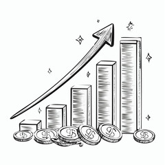 Hand drawn bar graph with upward trending arrow and coin icons Keywords: bar graph, chart, data