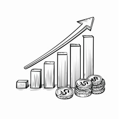 Hand drawn bar graph with upward trending arrow and coin icons Keywords: bar graph, chart, data