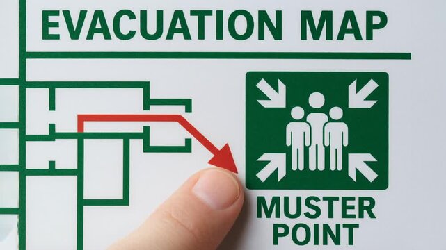 Evacuation map safety accident prevention muster point route finger pointing directional arrow emergency exit plan calm response guide assembly area