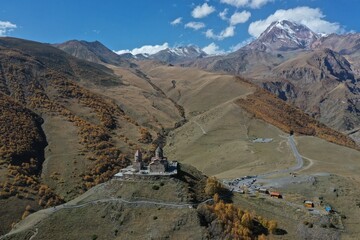 Aerial view of the Gergeti Trinity Church in Georgia