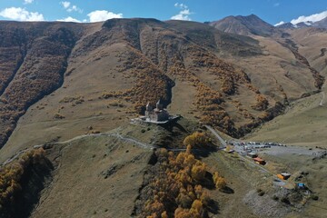Aerial view of the Gergeti Trinity Church in Georgia