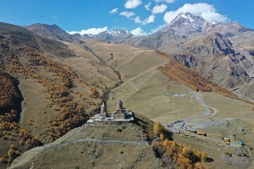 Aerial view of the Gergeti Trinity Church in Georgia