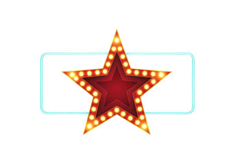 Brightly lit star sign with neon border illuminated for entertainment and performance isolated on transparent background