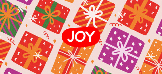 Merry Christmas and Happy New Year greeting card or banner. A modern, beautiful Christmas design with typography and gifts. Art poster, cover, and decor templates.