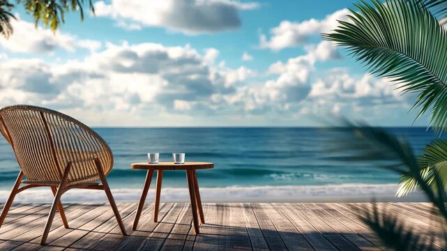Serene beachside morning: tranquil waves and inviting lounge area