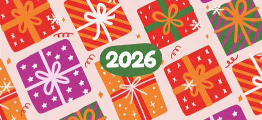 Merry Christmas and Happy New Year greeting card or banner. A modern, beautiful Christmas design with typography and gifts. Art poster, cover, and decor templates.