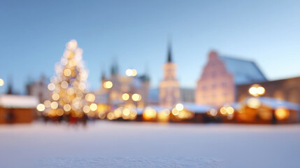 Obraz premium Snow-covered ground with twinkling christmas lights creating bokeh effects. Illuminating a festive market scene in a european city square during winter. Evoking holiday cheer and seasonal celebration