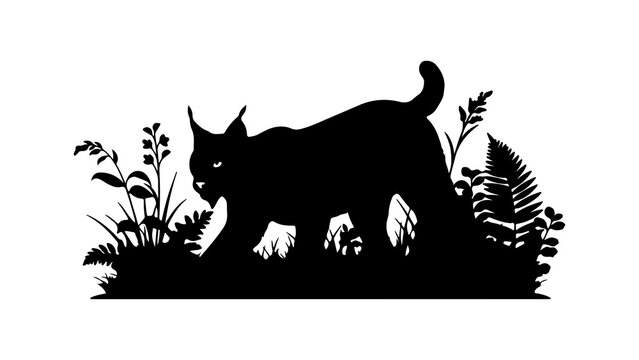 Black Silhouette of a Wild Lynx in Forest