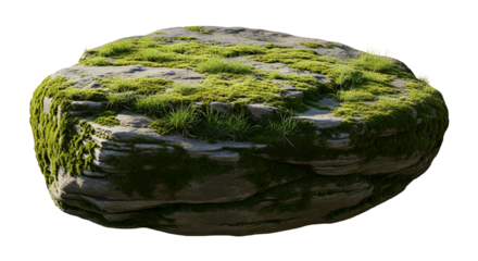 Moss-Covered Rock with Grass and Lichen on Transparent Background