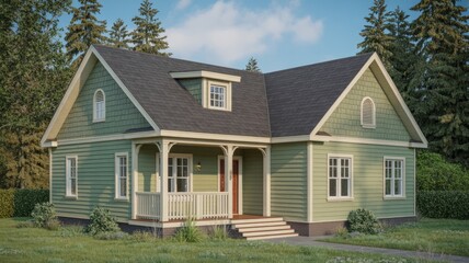 Exterior house design green siding gray roof architecture residential home real estate property style 100