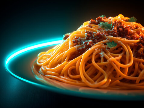 Plate of spaghetti bolognese glowing with teal neon light,
