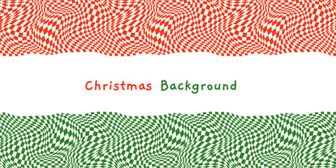 Red and green warped, distorted vector check border, psychedelic horizontal background for Christmas banners