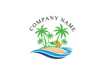 Tropical paradise scene with palm trees and beach vibrant colors illuminated by neon glow isolated on transparent background