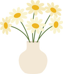 A simple illustration of a bouquet of white daisies with yellow centers arranged in a light beige vase.