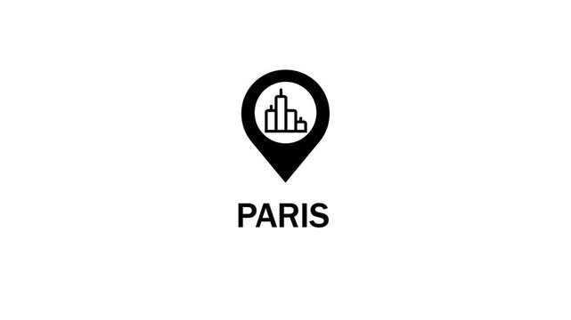 Black location pin icon with stylized buildings inside and the word PARIS below on a white background